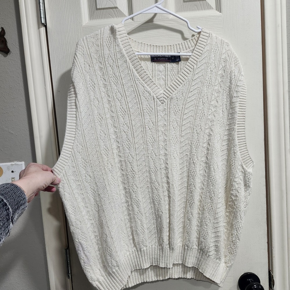 Roundtree & Yorke Sweater Vest XL Cream Cable Knit Textured V Neck Pullover - Picture 4 of 10